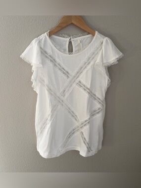 Anthropologie White Lace-Trim Flutter Sleeve Blouse